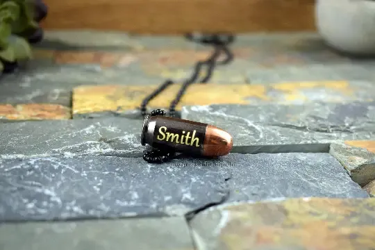 45 Auto Black Bullet Necklace, Gold Engraved, Drilled