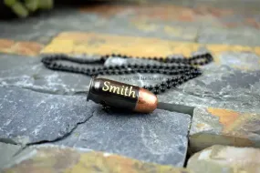 45 Auto Black Bullet Necklace, Gold Engraved, Drilled