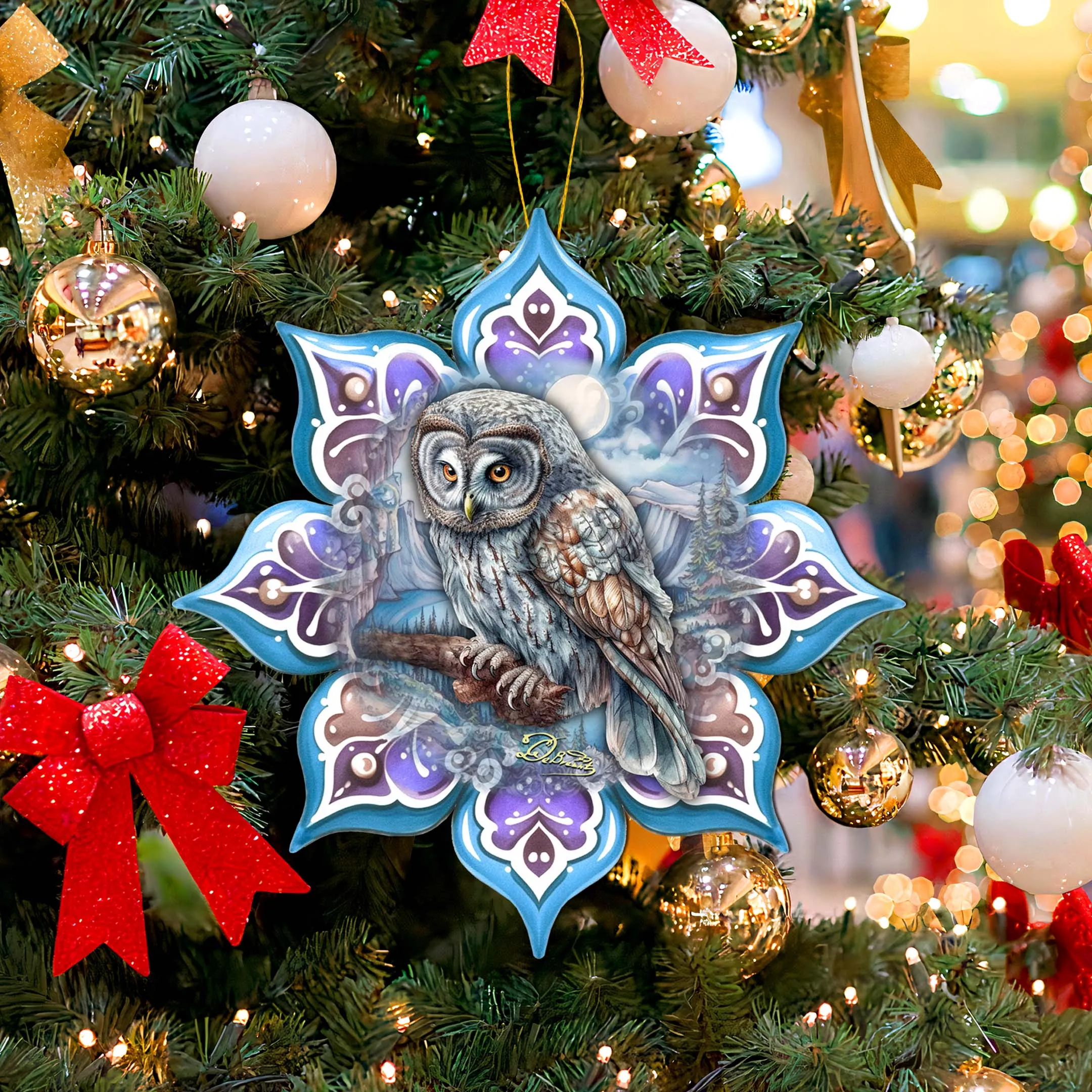 Arctic Owl Snowflake Large Wooden Ornament by G. Debrekht - Nature Wildlife Décor - 8688435M