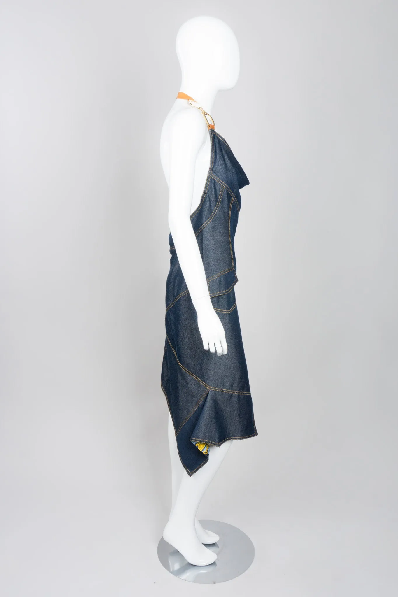 Asymmetrical Silk Denim Halter Dress