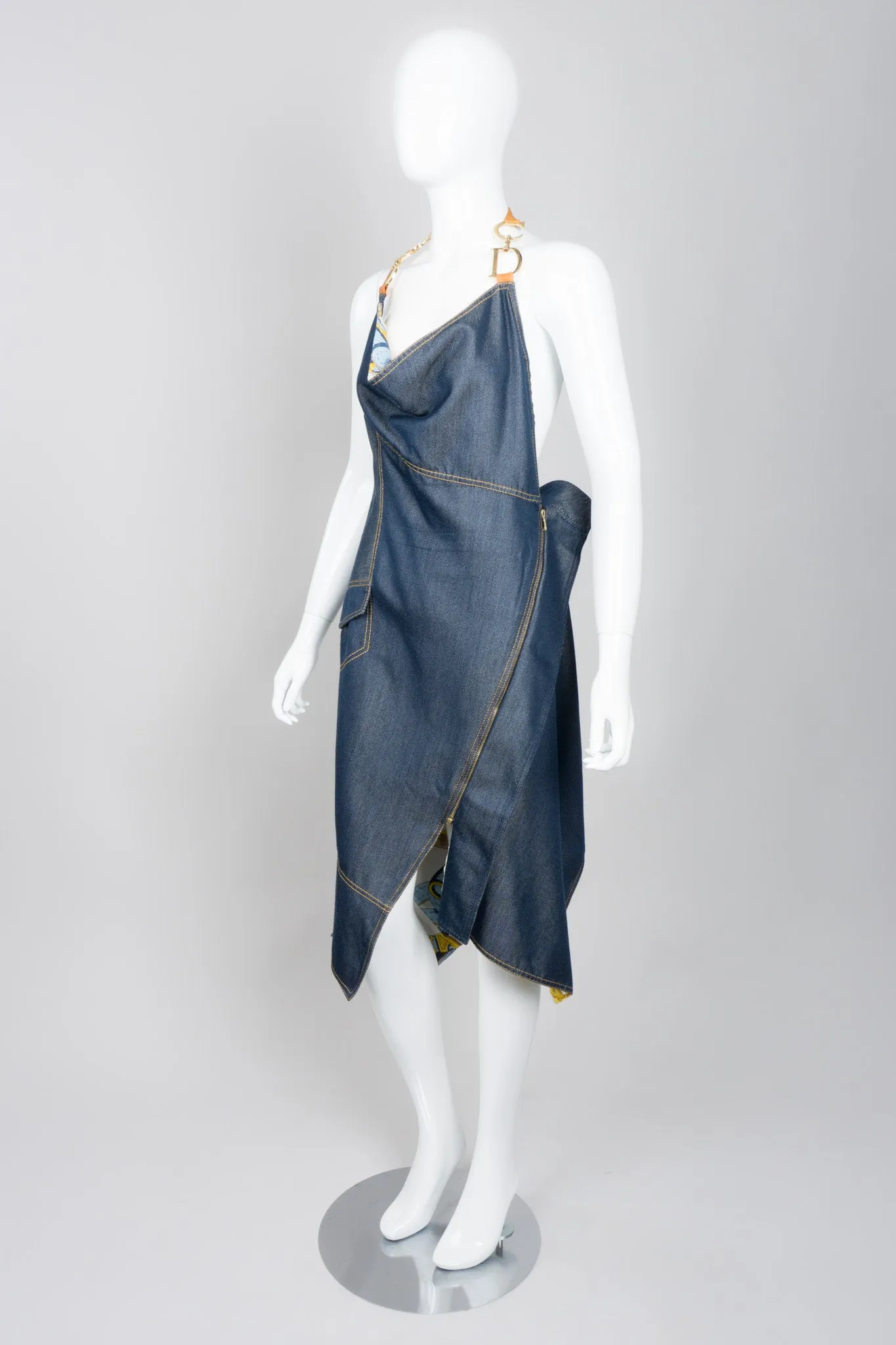 Asymmetrical Silk Denim Halter Dress