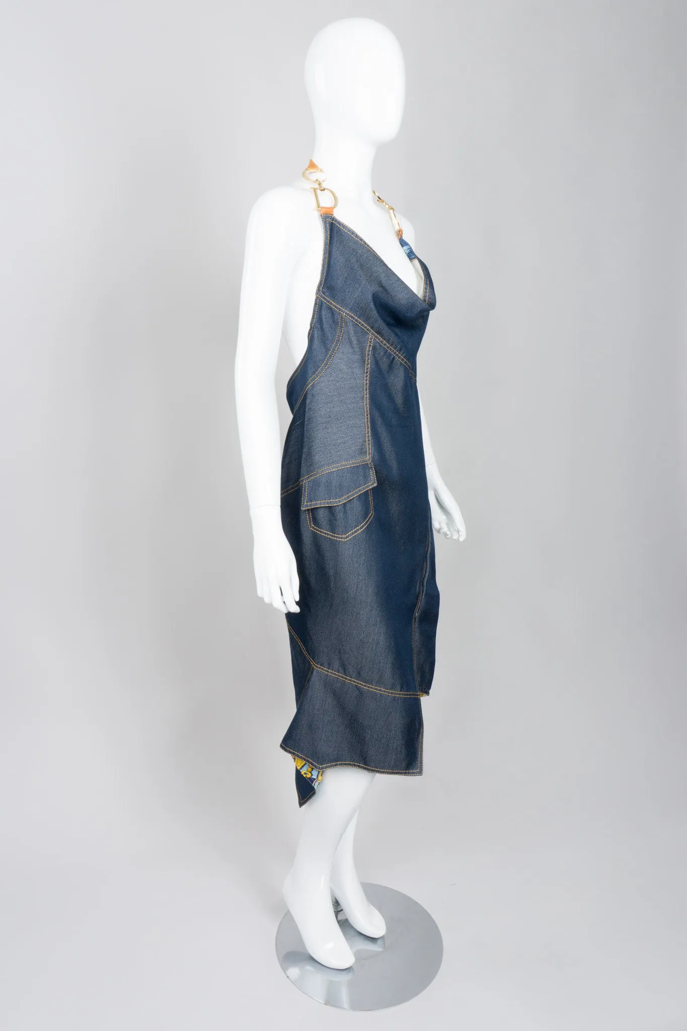 Asymmetrical Silk Denim Halter Dress