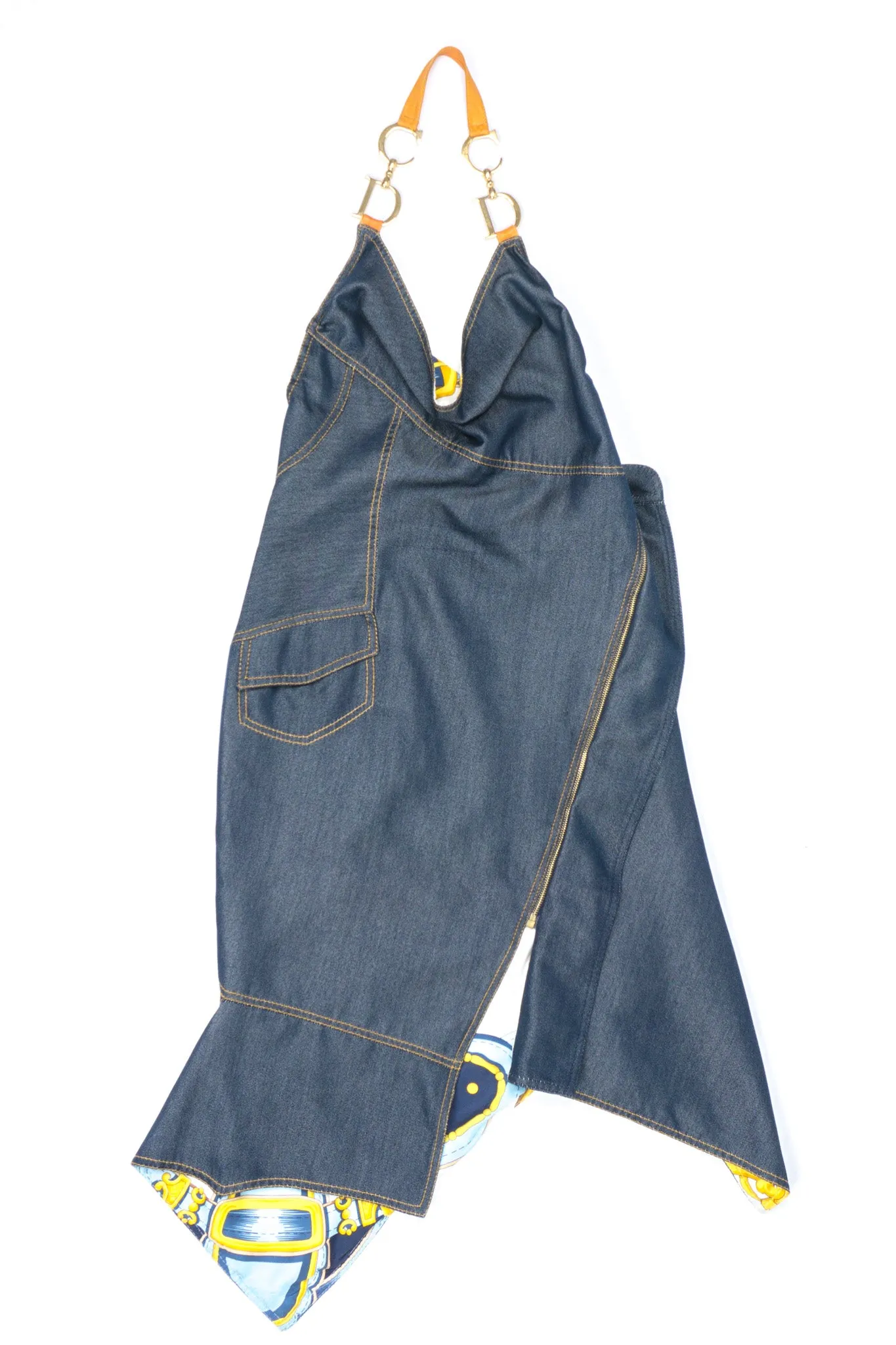 Asymmetrical Silk Denim Halter Dress