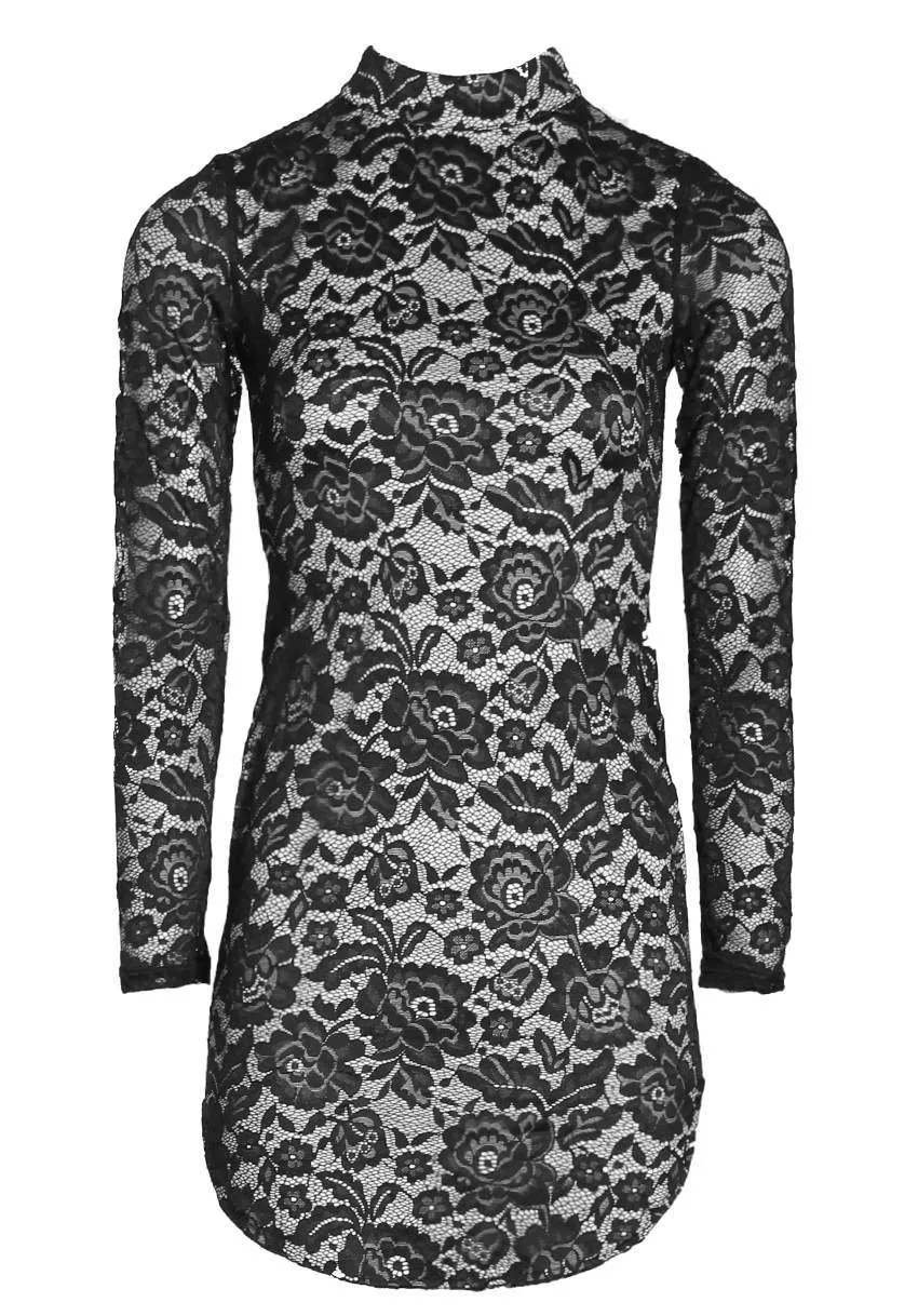 Black and Nude High Neck Long Sleeved Lace Mini Dress