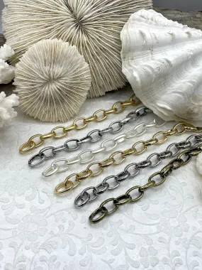 Chunky Cable Rolo Chain Oval sold by the foot. 16mm x 11mm x 3.48mm. Electroplated Base Metal, Statement chain 5 finish available. Fast ship