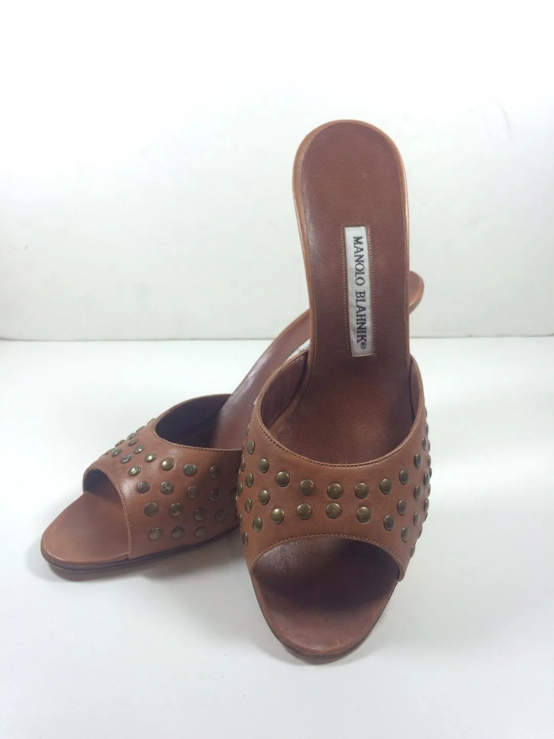 MANOLO BLAHNIK Studded Light Brown Leather Peep Toe Stiletto Heel Mules Size 9