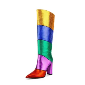 Metallic Rainbow Pointed Toe Chunky Heel Mid Boots for Pride Vibes