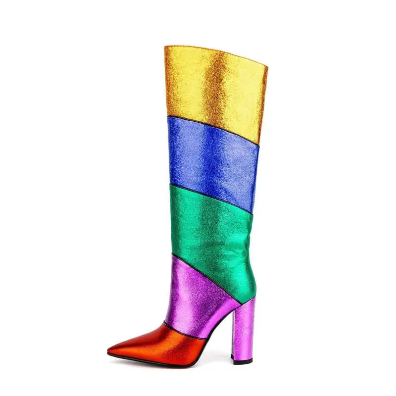 Metallic Rainbow Pointed Toe Chunky Heel Mid Boots for Pride Vibes