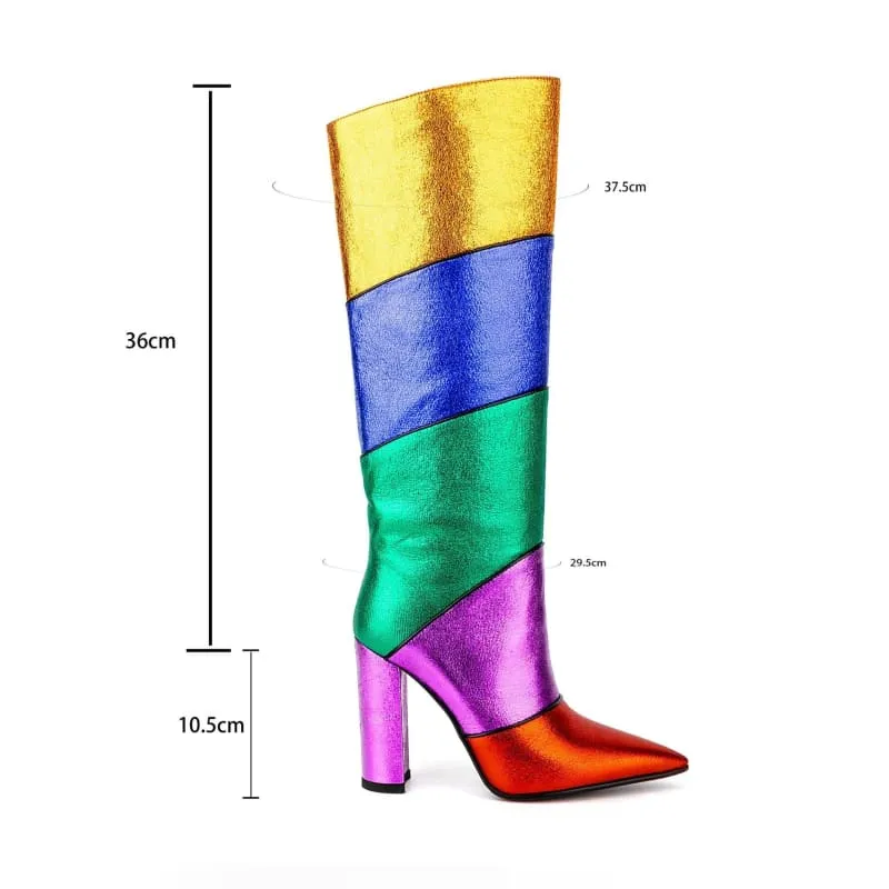 Metallic Rainbow Pointed Toe Chunky Heel Mid Boots for Pride Vibes