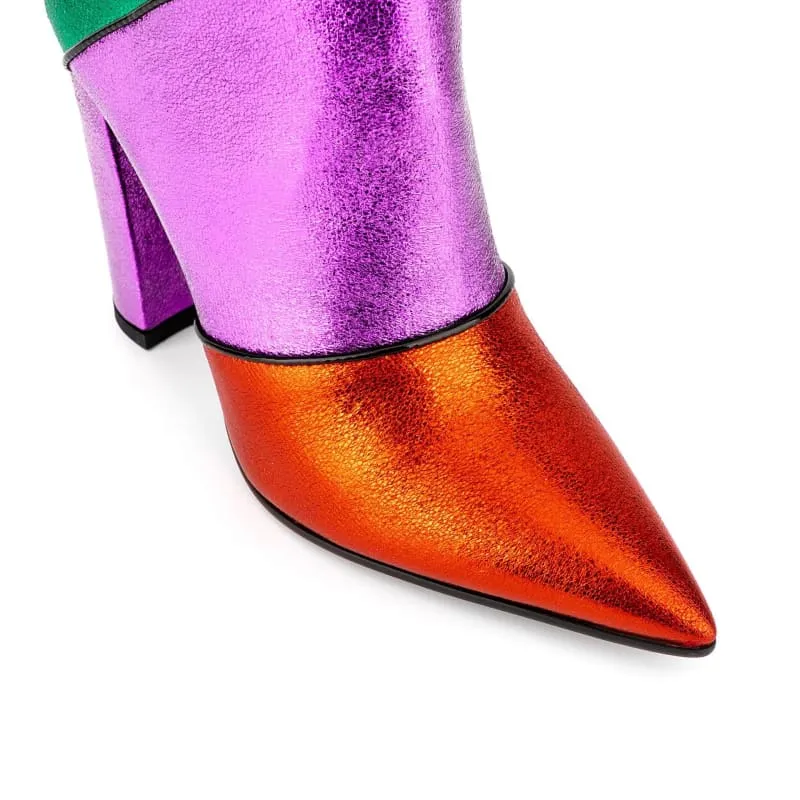 Metallic Rainbow Pointed Toe Chunky Heel Mid Boots for Pride Vibes