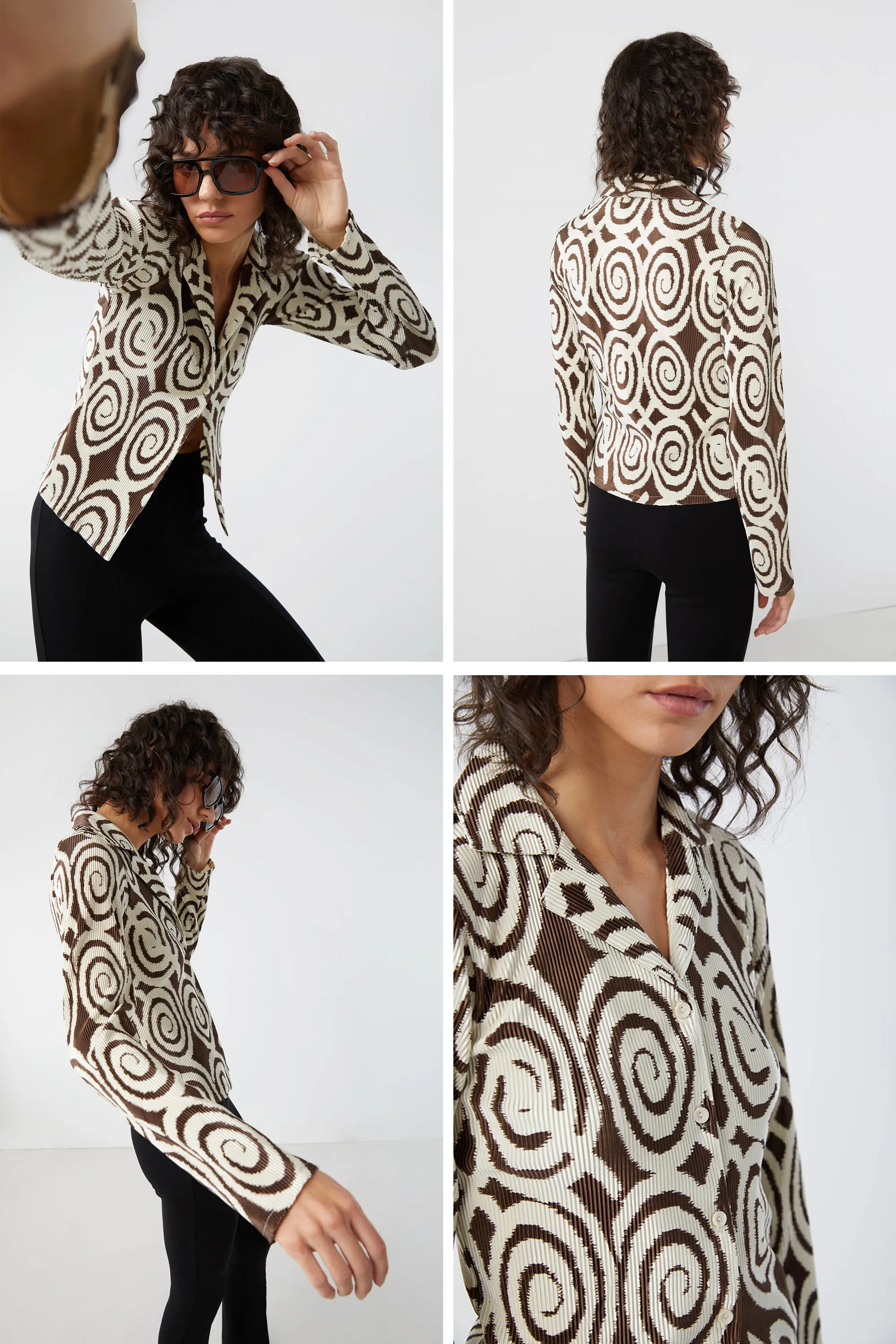 PLEATED PRINT BUTTON UP SHIRT