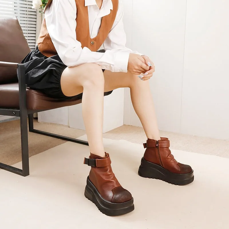 Retro Handmade Genuine Leather Platform Boots For Women Round Toe in Black/Brown