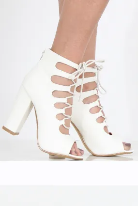 White PU Lace Up Block Heel - Jenine