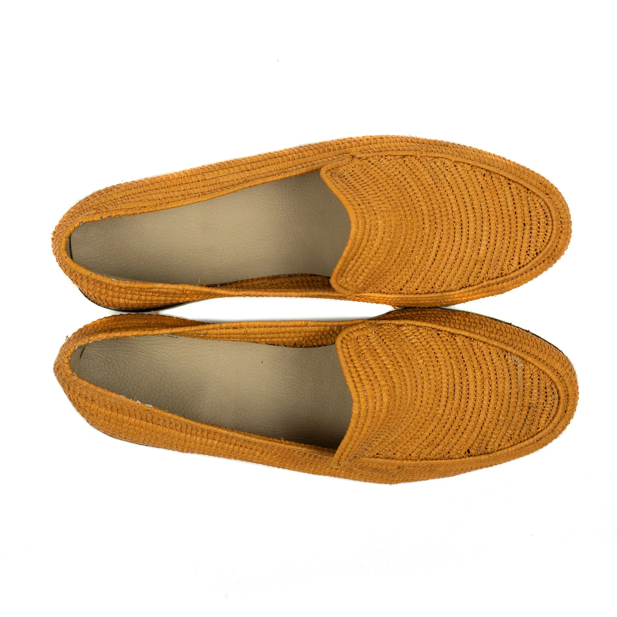 x El Karti: handmade Moroccan raffia moccasin loafers, mustard yellow