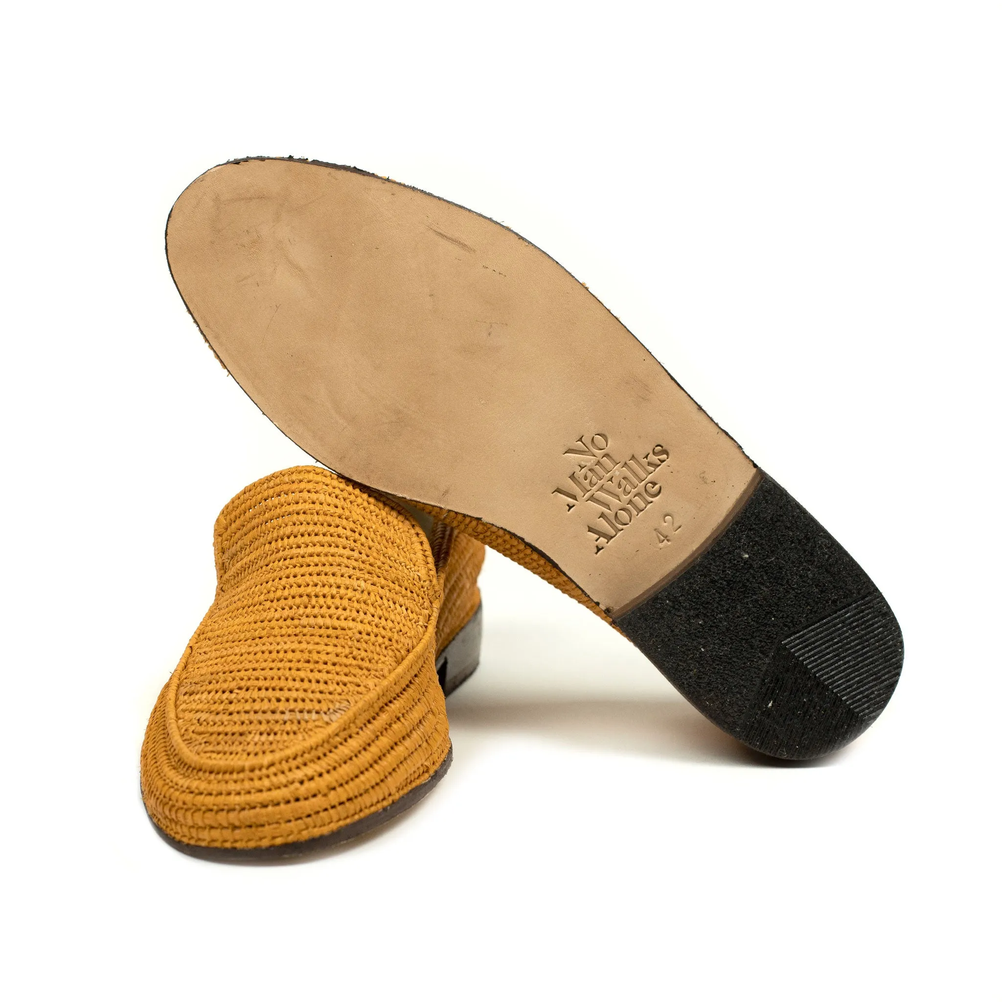 x El Karti: handmade Moroccan raffia moccasin loafers, mustard yellow